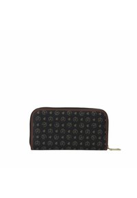 Portafoglio nero con zip che si chiude a giro, con motivo a logo stampato e dettagli marroni; forma rettangolare con zip color oro e tessuto testurizzato.