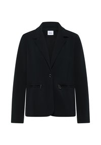 Zwarte blazer met een notched kraag, een sluiting met een enkele knoop en twee ritszakken aan de voorkant. Gemaakt van een gladde, gestructureerde stof.