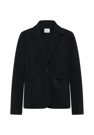 Černé sako s klopovým límcem, zapínáním na jeden knoflík a dvěma předními kapsami na zip. Vyrobeno z hladké, texturované látky.