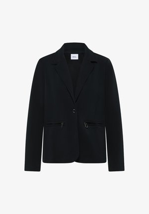 Schwarzer Blazer mit Reverskragen, einer einzelnen Knopfleiste und zwei vorne angebrachten Reißverschlusstaschen. Hergestellt aus einem glatten, strukturierten Stoff.