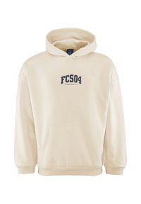 Felpa beige realizzata in morbido tessuto, con tasca frontale, polsini a coste, cappuccio con cordino e logo stampato "FCS04" sul petto.