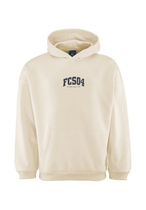 Beige hoodie van zachte stof, met een voorzak, ribgebreide boorden, een capuchon met trekkoord en een bedrukt logo "FCS04" op de borst.