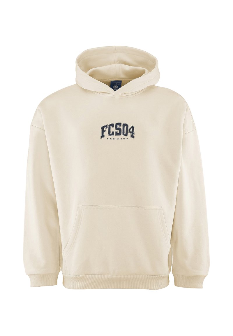 Felpa beige realizzata in morbido tessuto, con tasca frontale, polsini a coste, cappuccio con cordino e logo stampato "FCS04" sul petto.