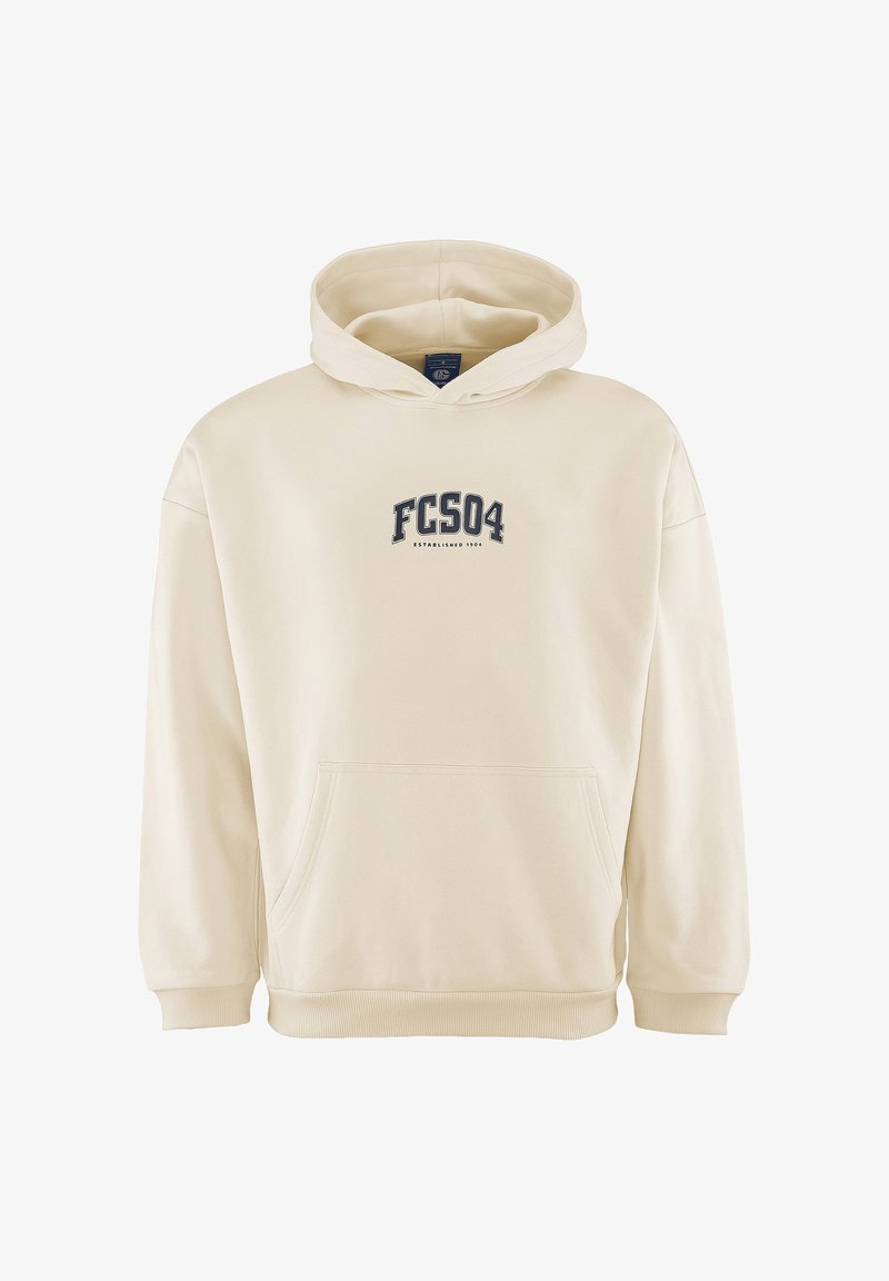 Felpa beige realizzata in morbido tessuto, con tasca frontale, polsini a coste, cappuccio con cordino e logo stampato "FCS04" sul petto.