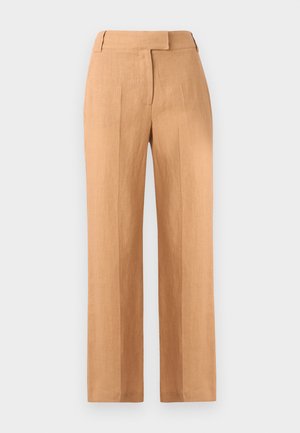 Light brown linen trousers with a straight cut, two front pleats, and a flat waistband. No visible pockets or hardware details.