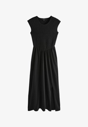 Vestido midi negro sin mangas con corsé ajustado texturizado y falda fluida y lisa con una abertura lateral.