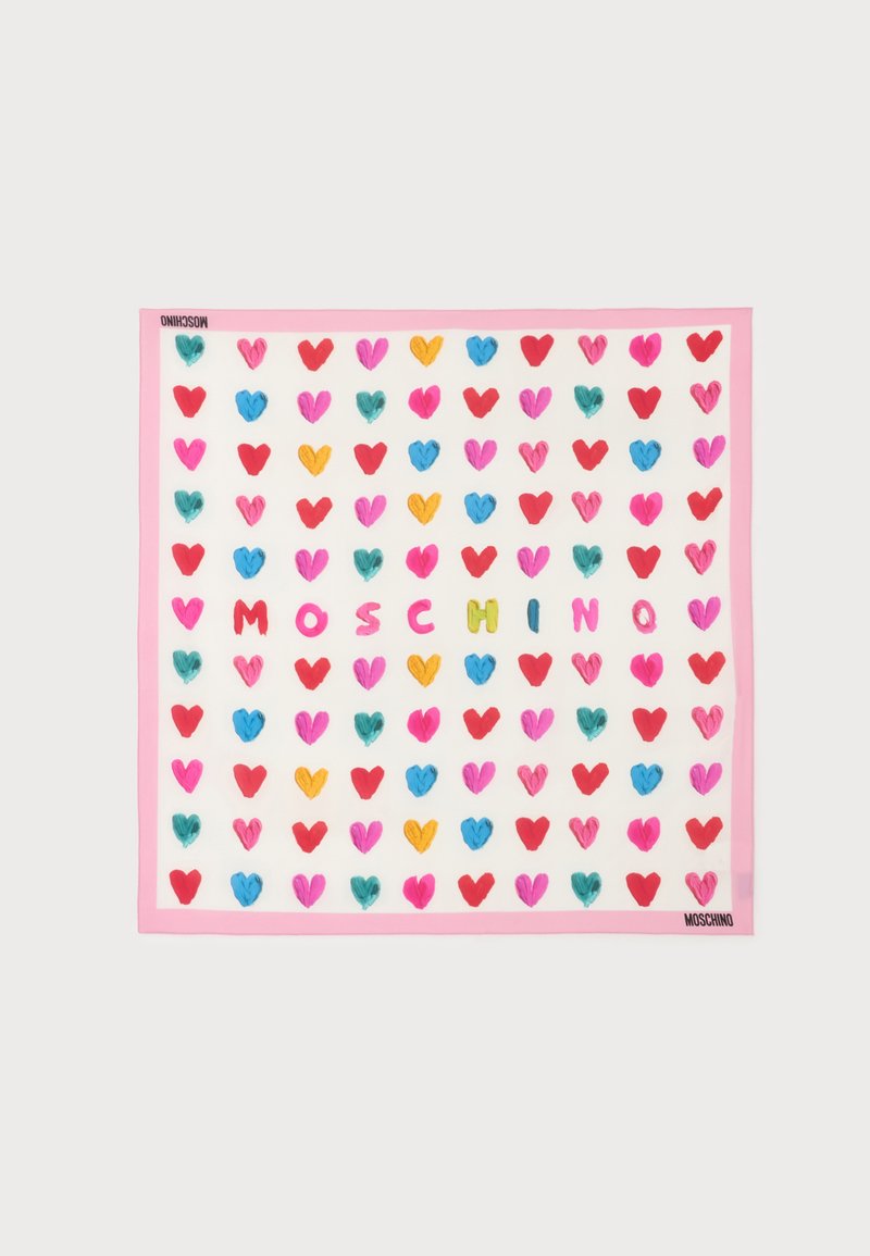 Foulard carré blanc avec bordure rose et motifs colorés en forme de cœur, avec "MOSCHINO" en lettres colorées au centre.