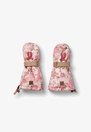 Vaaleanpunaiset kukkakuosiset lapaset, jotka on valmistettu pehmeästä kankaasta, jossa on teksturoitu pinta; varustettu säädettävillä hihnoilla ja logopatchilla pohjassa.