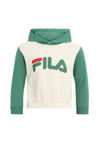 Sudadera con capucha de color crema y mangas verdes. Presenta un gran logo de FILA en verde y rojo en la parte delantera, con puños y dobladillo acanalados.