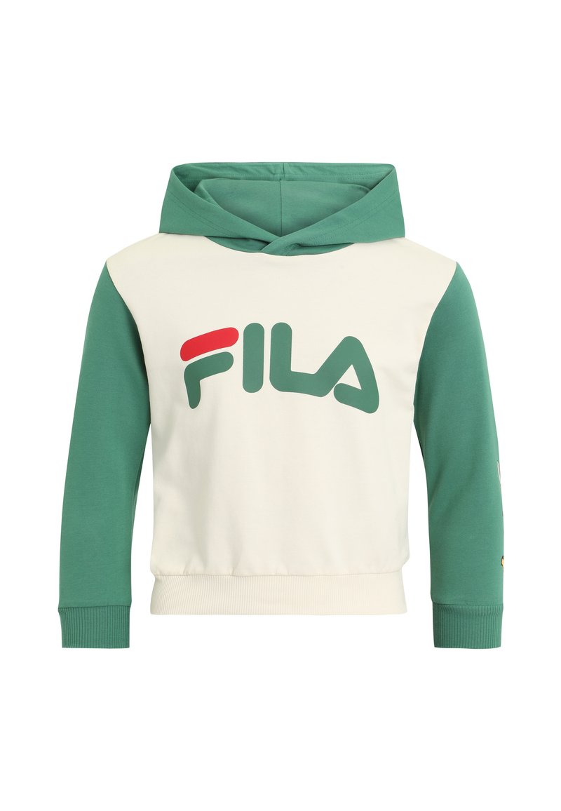 Sudadera con capucha de color crema y mangas verdes. Presenta un gran logo de FILA en verde y rojo en la parte delantera, con puños y dobladillo acanalados.