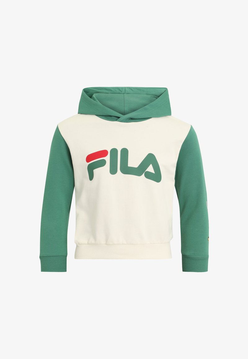 Felpa con cappuccio di colore crema e maniche verdi. Presenta un grande logo FILA verde e rosso sul davanti, polsini e orlo a coste.