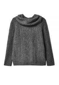 Szary sweter dzianinowy z dekoltem w kształcie łuku, z prążkowaną teksturą i długimi rękawami. Miękka tkanina, luźny krój i lekko rozszerzający się dół.