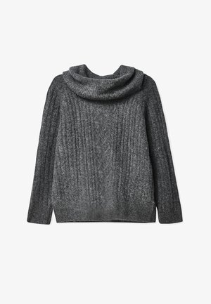 Gray knitted sweater with a cowl neck, featuring ribbed texture and long sleeves. Soft fabric, loose fit, and slightly flared hemline.