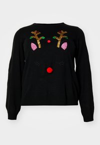 Schwarzer Pullover mit Rentierdesign, verziert mit glitzernden Geweihen, einer roten Pom-Pom-Nase und rosa Ohrenakzenten. Weicher Stoff, lange Ärmel.