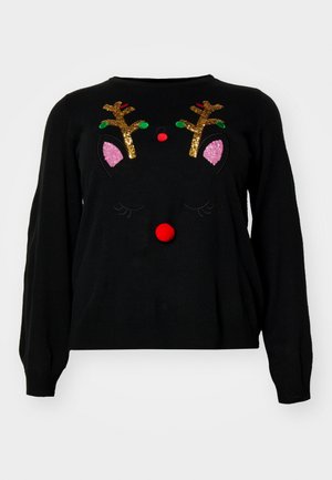 Black sweater featuring reindeer design with sequined antlers, a red pom-pom nose, and pink ear accents. Soft texture, long sleeves.