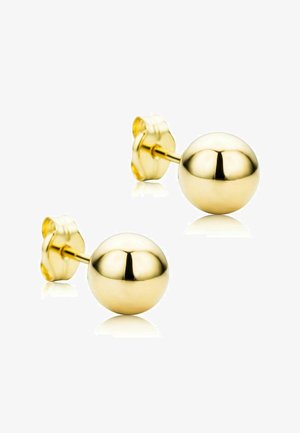 Aukso metalo auskarai su lygia, apvalia kamuoliuko forma, poliruotu paviršiumi ir saugiu drugelio užsegimu.