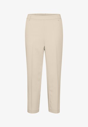 Beige Capri-Hosen aus glattem Material mit flachem Bund, zwei vertikalen Nähten und einem schlichten Bunddesign.