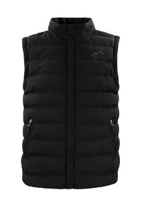 Schwarze Daunenweste mit hohem Kragen, Reißverschluss vorne und zwei seitlichen Reißverschlusstaschen. Verfügt über ein gestepptes Design mit einer strukturierten Oberfläche.
