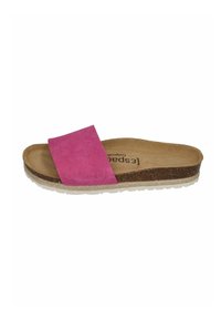 Pink suede slide sandal with a cork footbed, rubber outsole, and a wide strap. Features a natural color insole with the brand name printed.