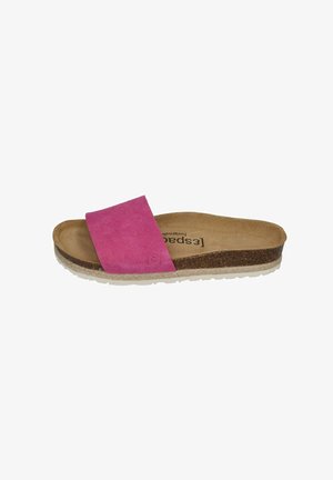 Pink suede slide sandal with a cork footbed, rubber outsole, and a wide strap. Features a natural color insole with the brand name printed.