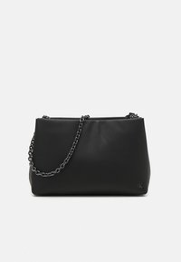 Black faux leather shoulder bag with a textured surface, featuring a chunky chain strap and a logo detail on the side.