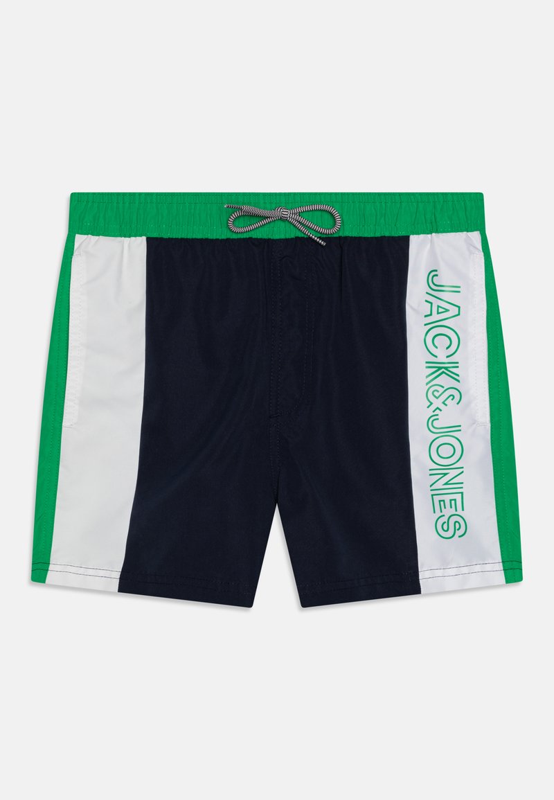 Bros s kratkim nogavicama u tamnoplavoj boji, s zelenim elastičnim pojasom i bijelim bočnim panelima. Sadrži natpis "JACK & JONES" u zelenoj boji duž bočne strane.