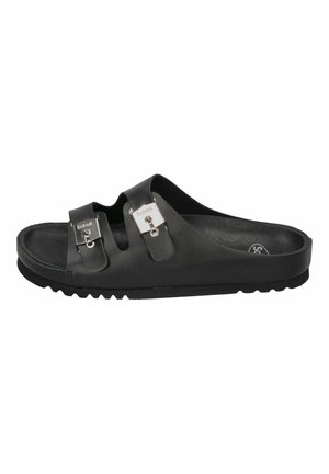Black leather slide sandal with two adjustable straps and metallic buckles, textured sole, and a contoured footbed for support.