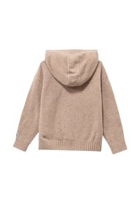 Felpa a maglia beige con orlo e polsini a coste, dotata di un cappuccio arrotondato e tessuto testurizzato, mostrata di spalle.