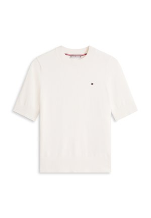 Witte gebreide trui met korte mouwen, ronde hals en een klein Tommy Hilfiger-logo op de linkerborst.