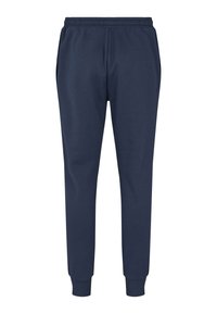 Marineblå joggebukser med løs passform, elastisk midjebånd og mansjetter. Laget av mykt, pustende stoff. Ingen synlige mønstre eller metallbeslag.