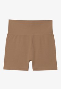 Shorts marron côtelés avec une taille haute et une coupe ajustée, présentant une texture lisse sans éléments métalliques ni accents visibles.