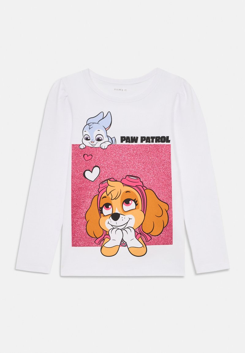 Camisa de mangas longas branca com um gráfico em glitter rosa do Paw Patrol, apresentando dois cães de desenho animado e ilustrações de corações.