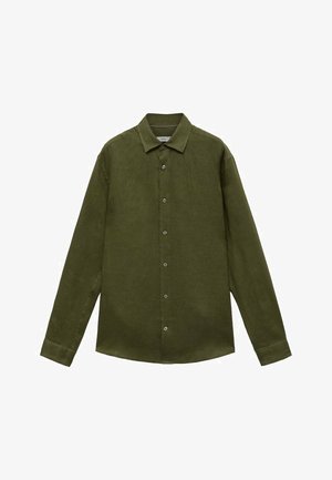 Olivetno zelena, srajca z dolgimi rokavi iz lanenega blaga. Ima standardni ovratnik, zapiranje na gumb in gumbnice na manšeti. Gladka tekstura.