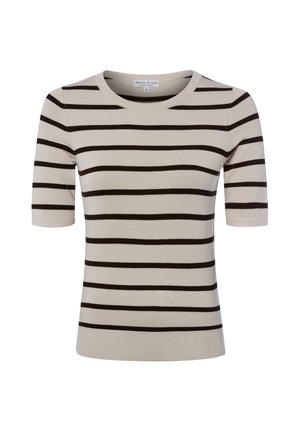 Beige gebreid shirt met korte mouwen, zwarte horizontale strepen en ronde hals, maat small met zichtbaar merklabel binnenin de kraag.