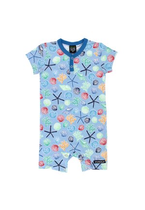 Niebieski, krótkim rękawem pajacyk dla niemowląt z kolorowym, morskim wzorem przedstawiającym rozgwiazdy, muszle, koralowce oraz zatrzaski przy dekolcie i nogawkach.