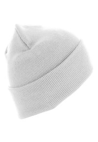 Bonnet en tricot gris avec un revers replié, présentant une texture douce et un design sans couture. Le dessus a un léger pic.