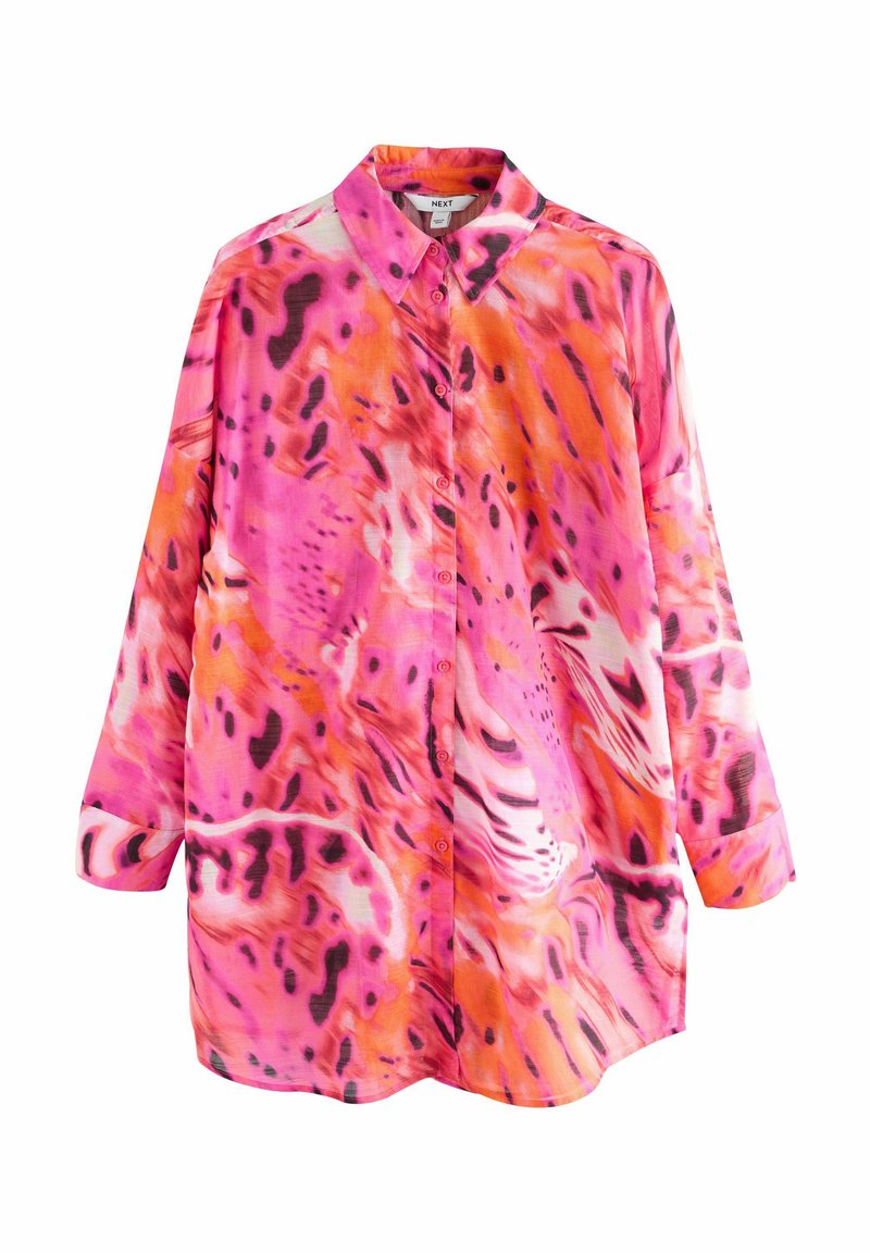 Camicia button-up in un vivace rosa e arancione con motivi astratti. Maniche lunghe, vestibilità rilassata, realizzata in tessuto morbido e con colletto classico.