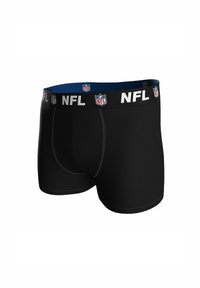 Svarta herrboxershorts med en bred midjeband som har upprepade NFL-logotyper och text i vitt och rött.