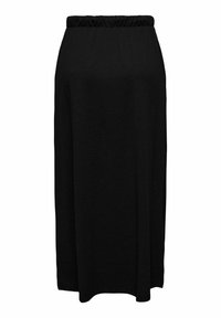 Zwarte enkellange rok van zacht, lichtgewicht materiaal. Heeft een elastische tailleband en een rechte, losse silhouet. Geen patronen of accenten.