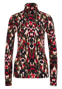 Dlouhý rukáv rolák v pestrém vzoru obsahujícím červené, černé, zelené a růžové barvy, vyrobený z měkké, elastické tkaniny.