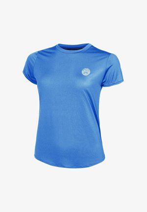 Blauw sport T-shirt met korte mouwen en ronde halslijn, met een klein wit circulair logo op de linkerkant van de borst.