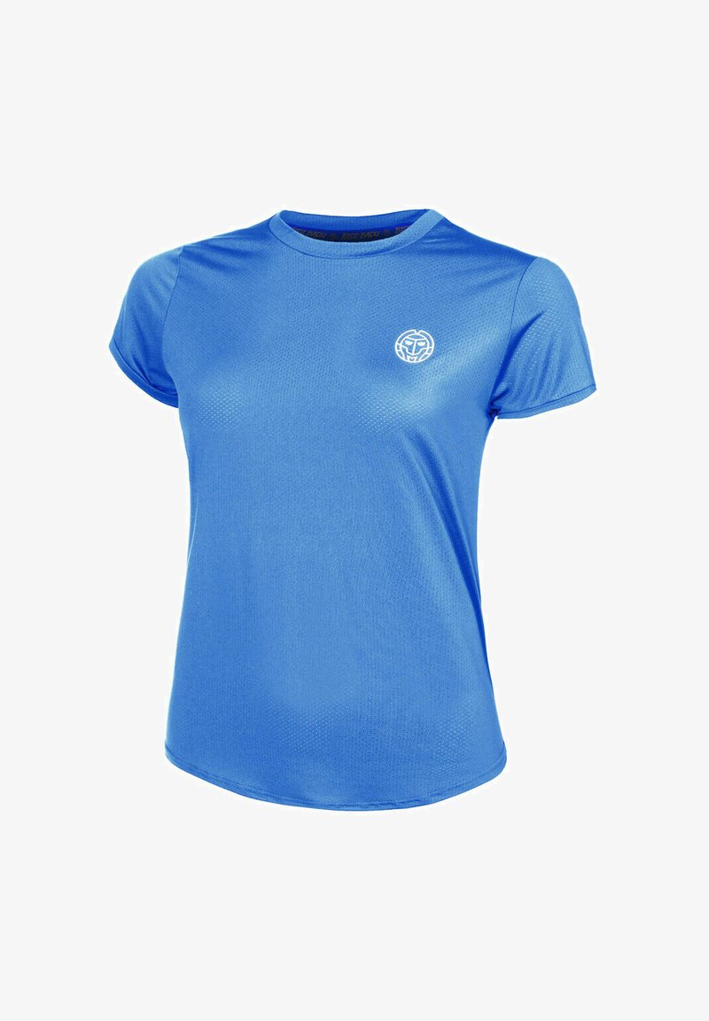 Maglietta atletica blu a maniche corte con colletto rotondo e piccolo logo circolare bianco sul lato sinistro del petto.