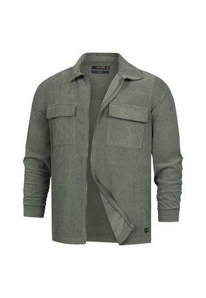 Groene corduroy lange mouwen shirt jack met twee voorzakken met klep, gedeeltelijk open rits en klassieke kraag.