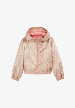Veste brillante rose clair à capuche avec fermeture éclair frontale, poignets élastiques, deux poches latérales et ourlet froncé.