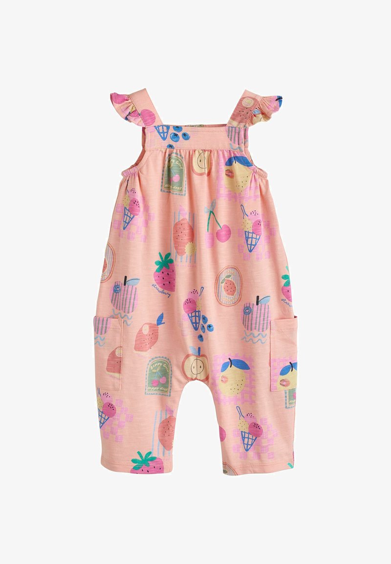 Combinaison rose pour tout-petit avec bretelles à volants, poches latérales et motifs colorés de fruits et de cornets de glace.