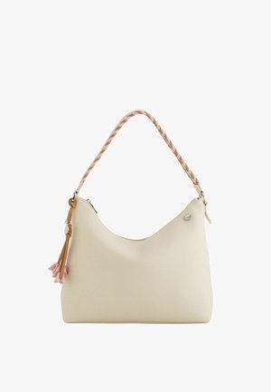 Sac à main couleur crème avec poignée tressée rose et beige, fermeture éclair et pompons marron avec détails de fleurs roses.