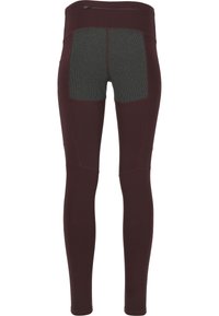Leggings bordeaux avec une taille haute, présentant des panneaux en maille noire texturée à l'arrière et des détails de couture contrastants.