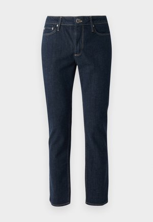 Dark blue denim jeans with a straight leg design, featuring a button closure, five pockets, and contrasting stitching. Smooth texture.
