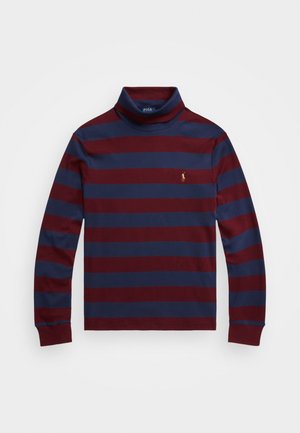 Langarmshirt met col in bordeauxrood en marineblauwe horizontale strepen, met een klein gouden logo op de linkerborst. Zachte katoenen stof.