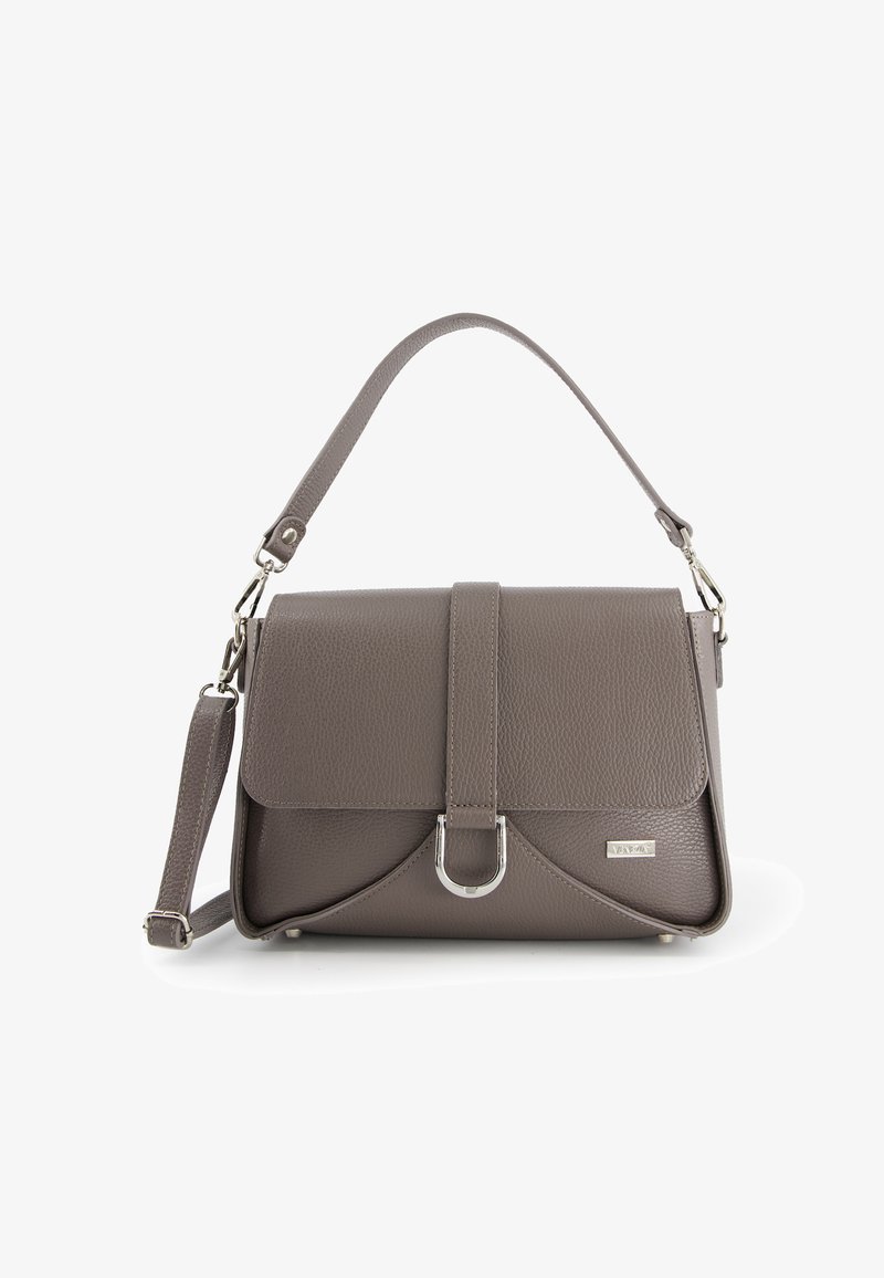 Gray textured leather handbag with flap, silver D-shaped clasp, and detachable shoulder strap on white background.